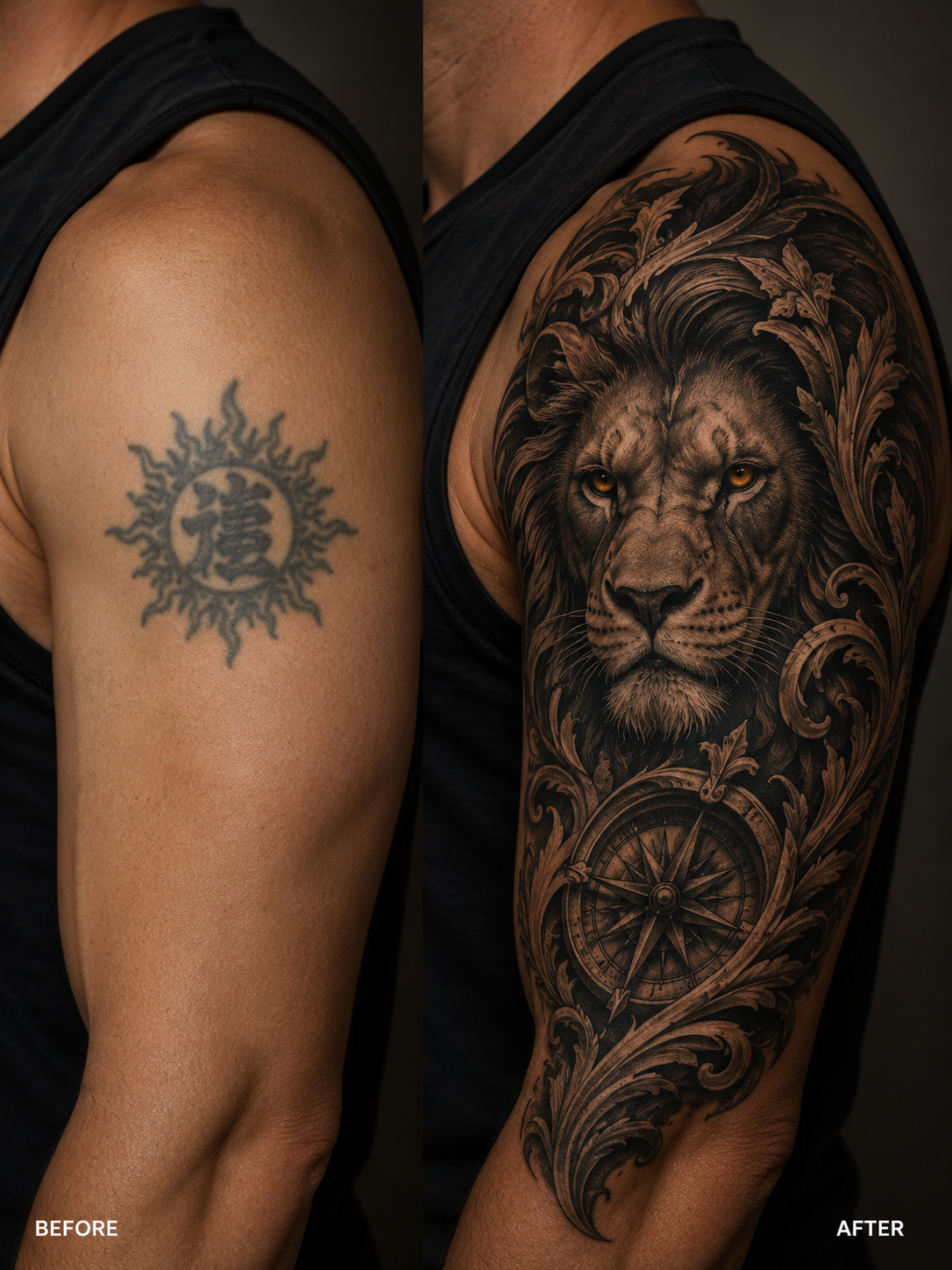 Cover-up transformation — sun symbol to lion realism sleeve